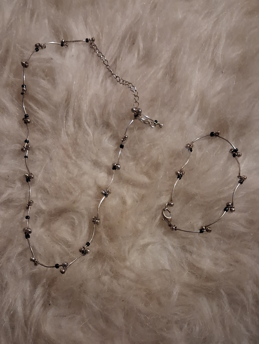 Vintage Silver-Tone Beaded Necklace and Bracelet Set - Silver